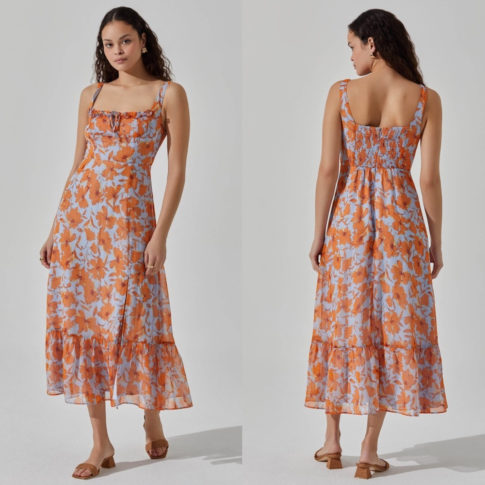 NEW ASTR The Label RETRO Blue & Orange FLORAL Ruffle Hem SLIT Midi DRESS S